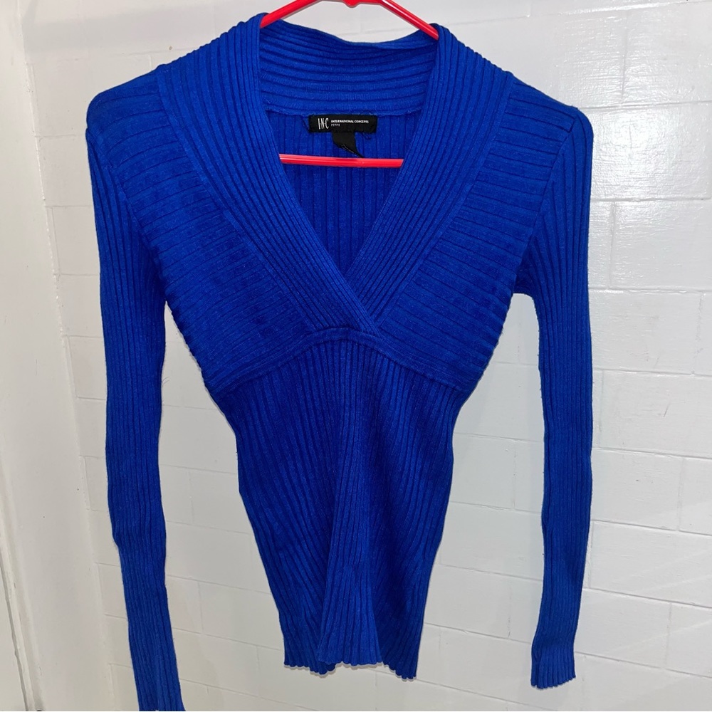 INC International Concepts Petite Blue Tight Ribbed V Neck Long Sleeve Blouse